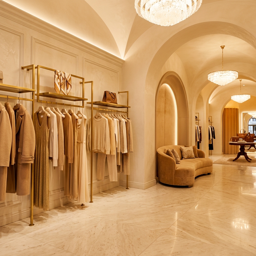 Wnętrze butiku MOORI boutique — eleganckie włoskie wnętrze z odzieżą premium